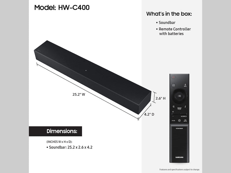 Barra de Sonido Samsung HW-C400/ZP, 2.0 Canales, Bluetooth, Sonido Envolvente