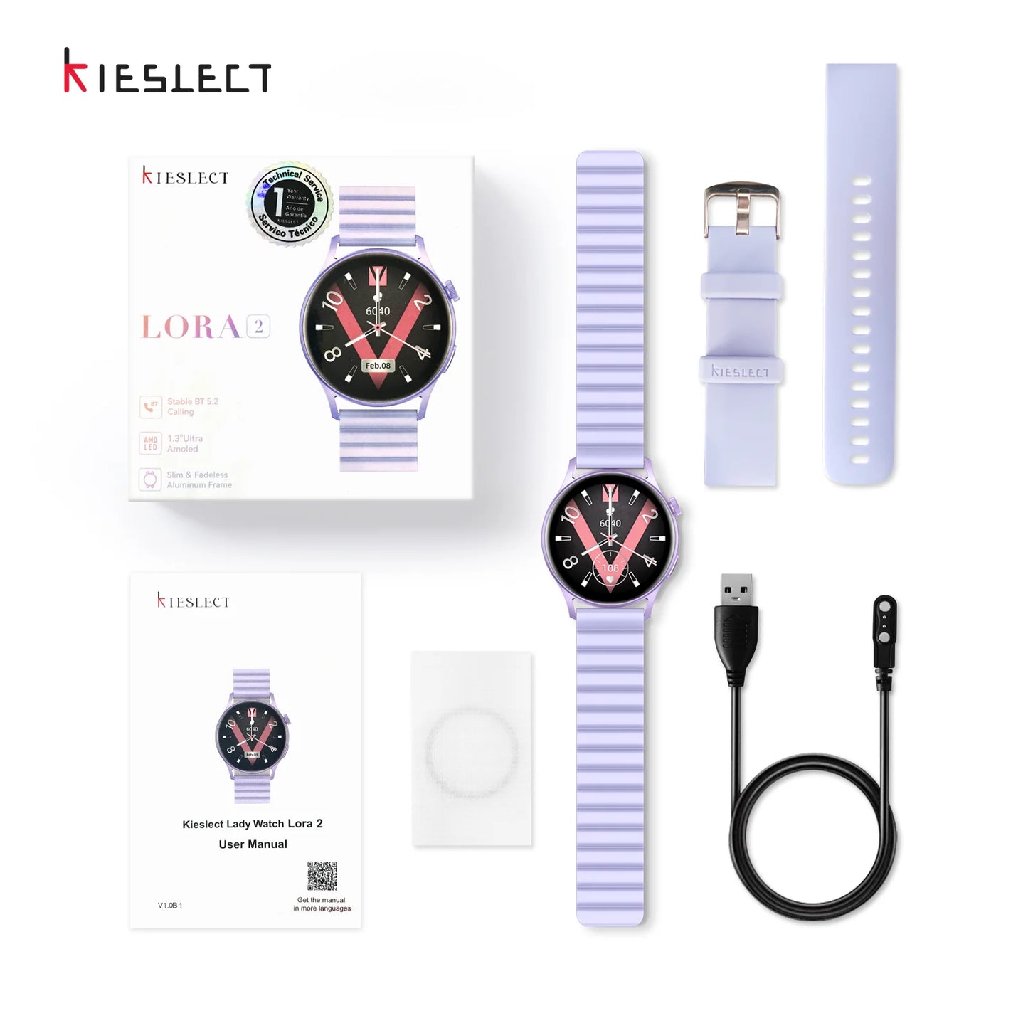 Smartwatch Kieslect Lora Purple - Pantalla AMOLED 1.32", Gestión de Salud, Bluetooth y Resistencia IP68