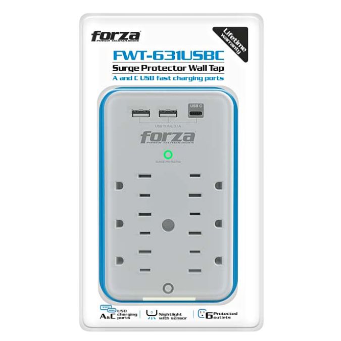 Forza Fwt-631Usbc - Protector Contra Sobretensiones (Montaje En Pared) - Ca 125 V